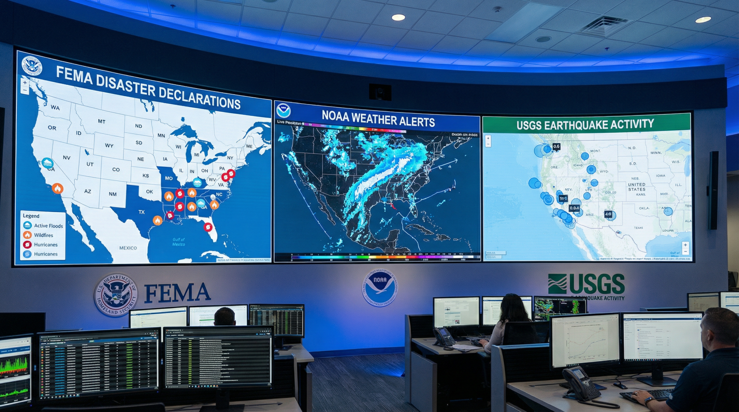Real-time disaster monitoring dashboard showing FEMA disaster declarations, NOAA weather alerts, and USGS earthquake activity