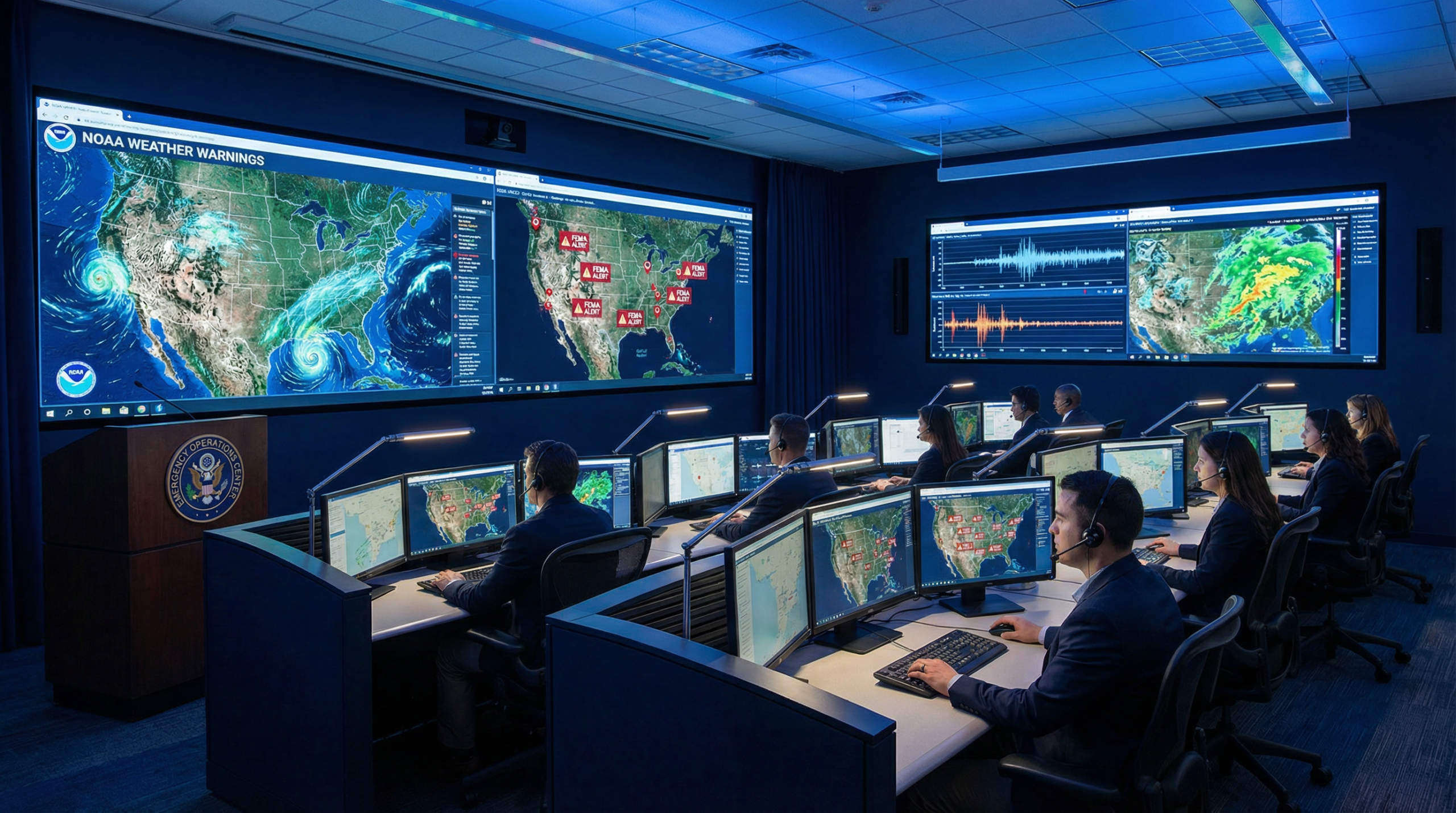 Emergency operations center monitoring real-time US disaster alerts from FEMA, NOAA, and USGS