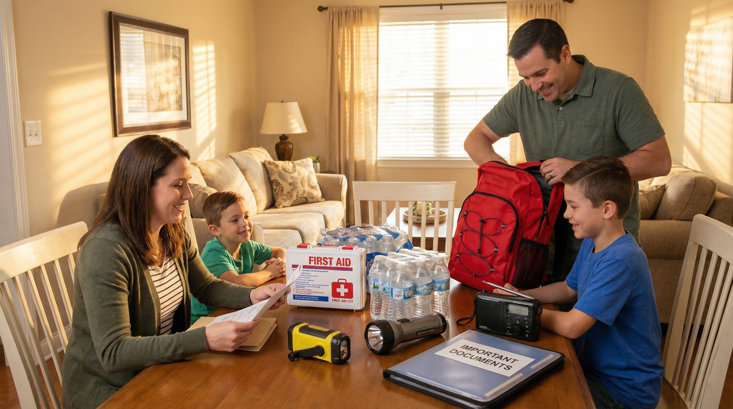 American family preparing emergency kit with first aid supplies, weather radio, flashlight, and important documents
