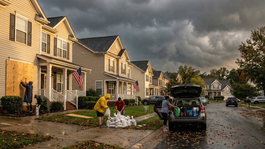 Hurricane Preparedness in Charlotte, NC 2 Charlotte NC neighborhood preparing for hurricane - boarding windows and filling sandbags