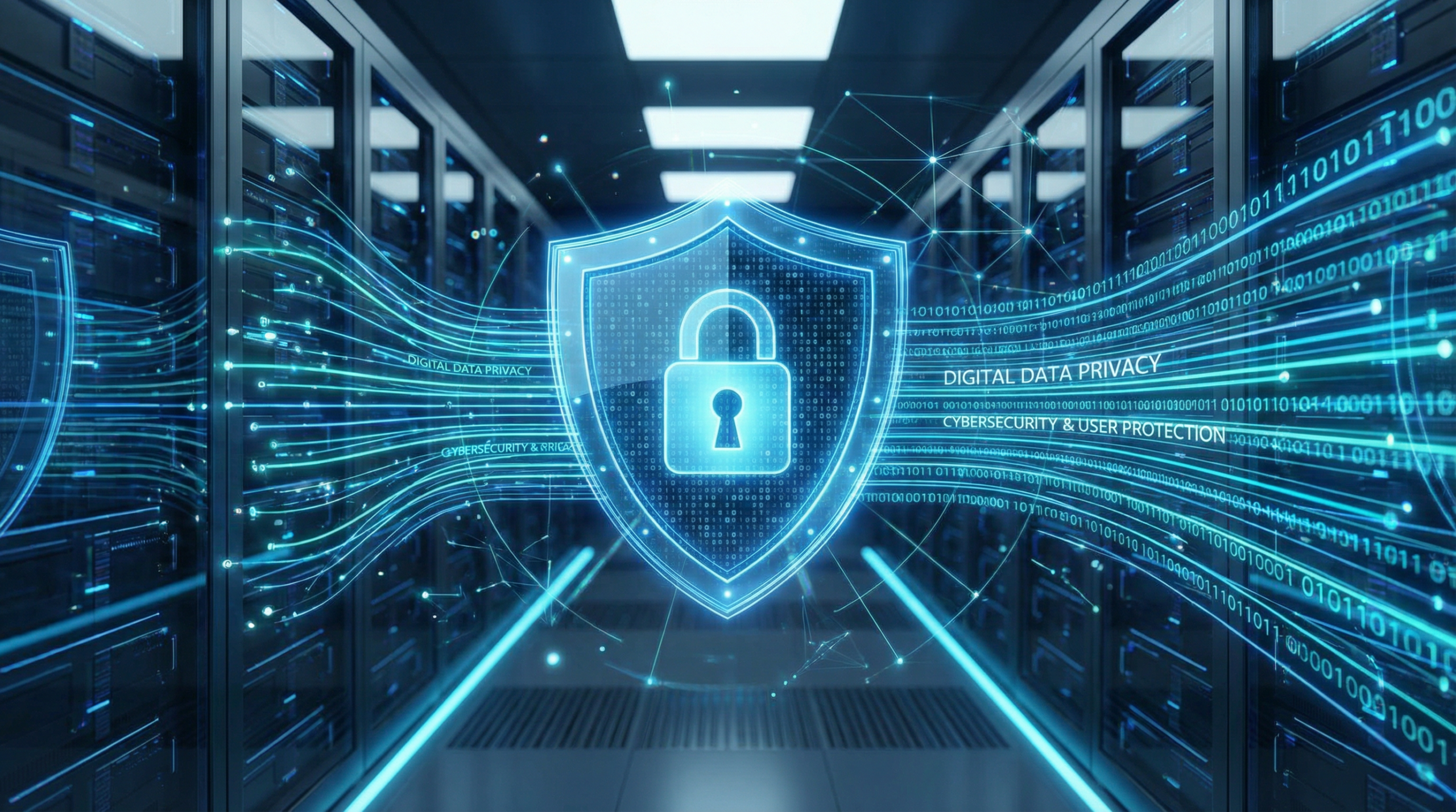 Digital shield representing data privacy and cybersecurity protection for user information