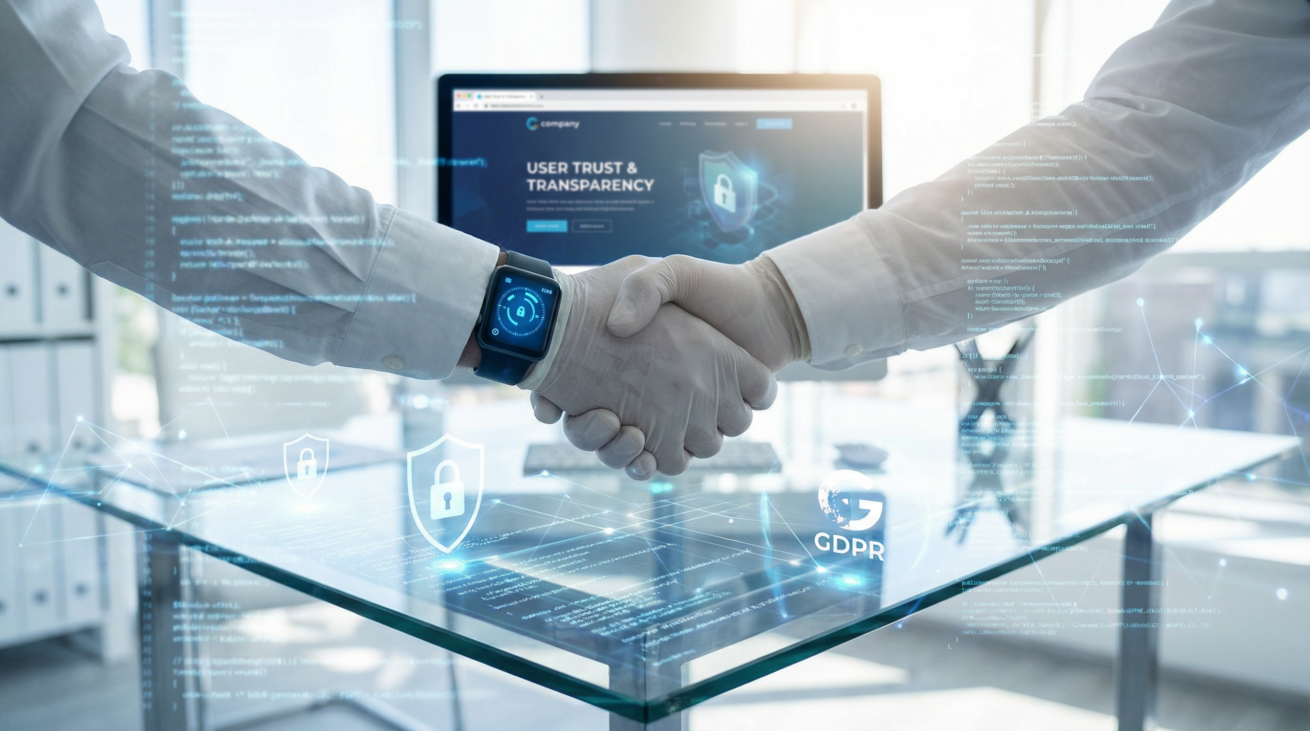 Digital handshake representing user trust, data transparency, and GDPR compliance